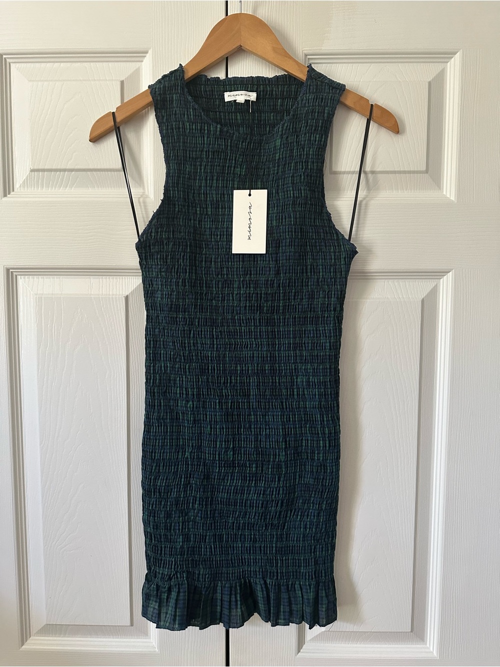 Smocked body con mini dress, ruffle hem, navy blue/green, medium NWT